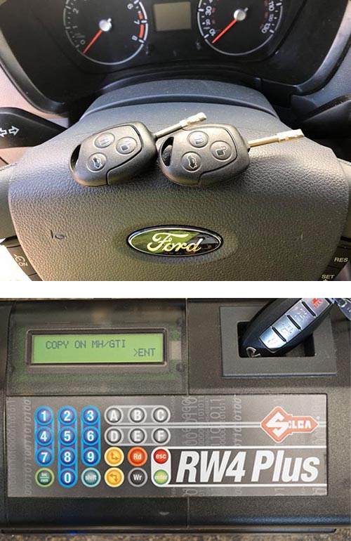 image of Tibbe Keys for a Ford (top) and an automotive fob being programmed (bottom).